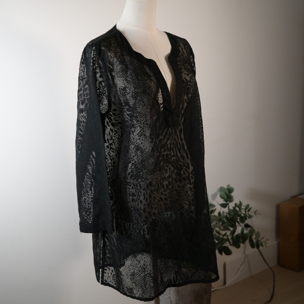CZ Cover-Ups Black Sheer Burnout Animal Print Swim Cover Up Tunic Medium